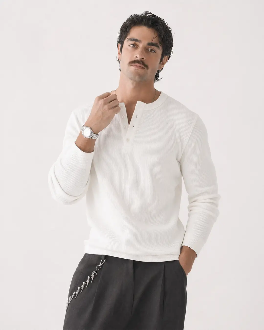 Ürün görseli: Uzun kollu henley slim fit tişört - Beyaz