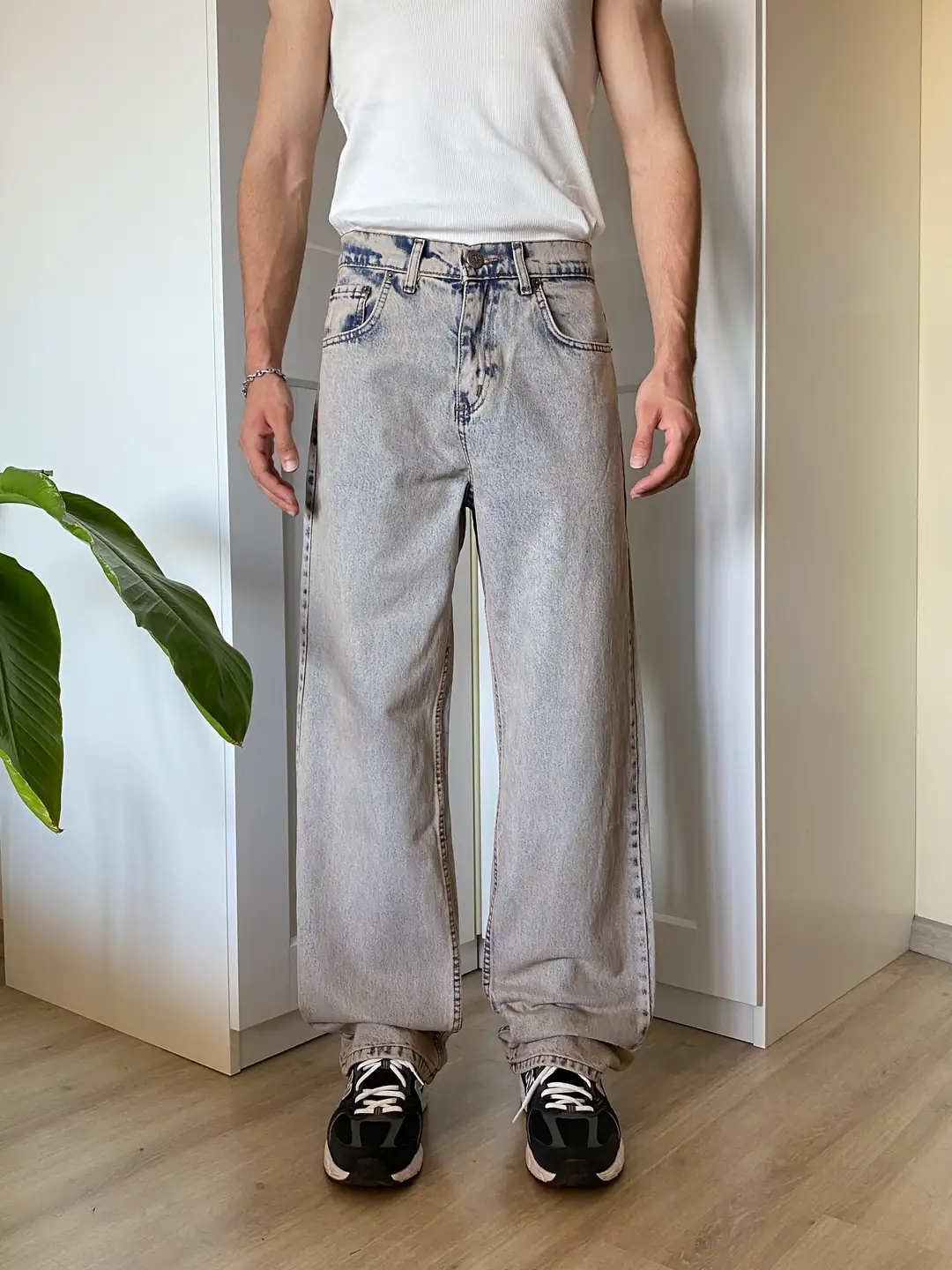 Bej Yıkamalı Baggy Jean