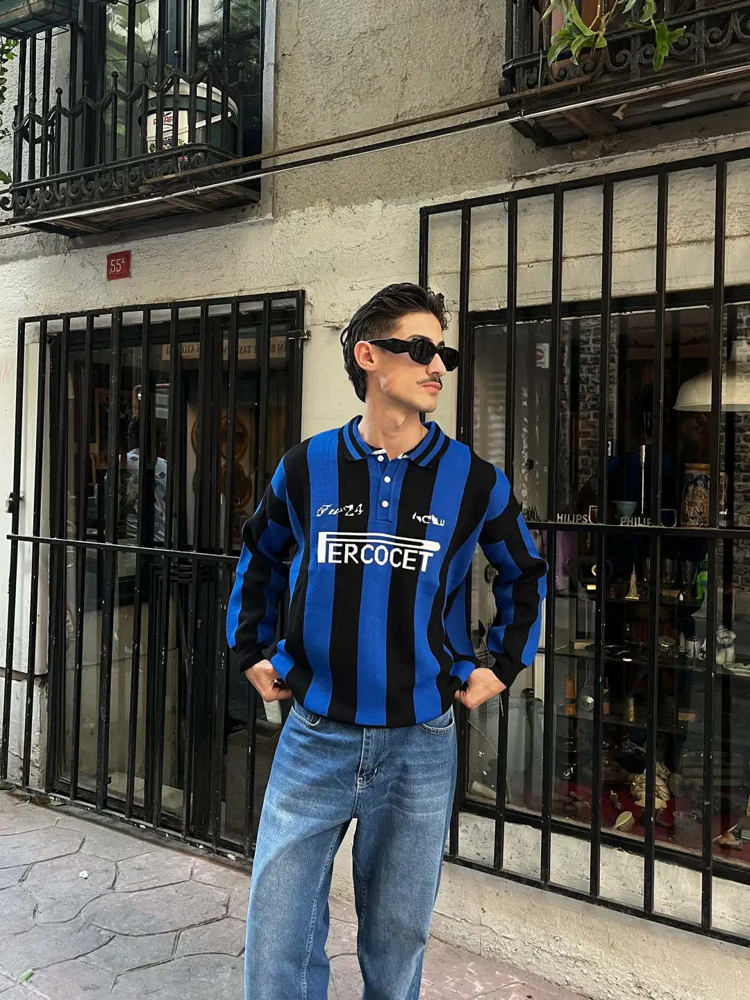Mavi Siyah Çizgili Oversize Polo Yaka Triko