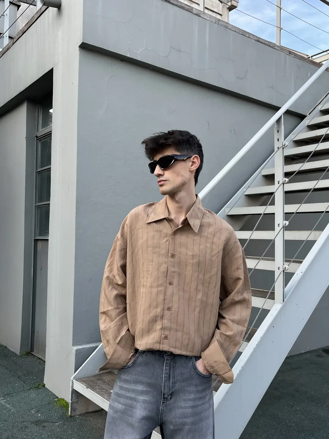Ürün görseli: Retro Çizgili Uzun Kollu Gömlek - Kahverengi