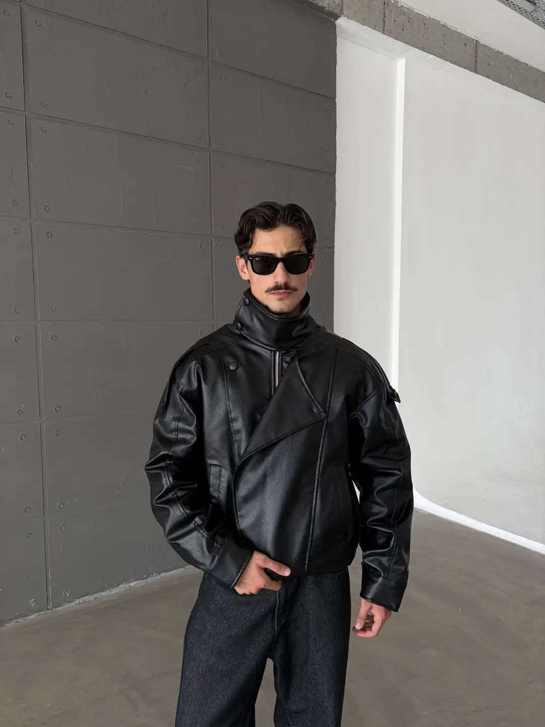 RELAXED FIT DERİ BIKER CEKET