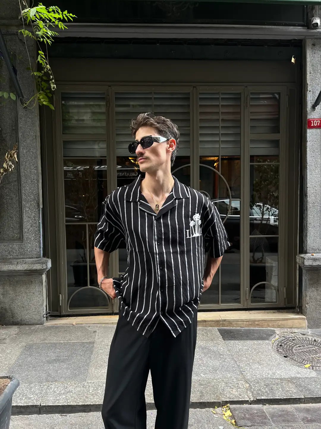Çizgili Hawaii Desenli Kısa Kollu Gömlek